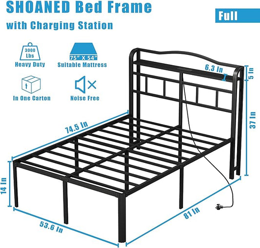 14 Inch Metal Bed Frame - Full Size Black Heavy Duty Bedframe Platform Basic Mattress Foundation with Headboard & Charging Station No Box Spring Needed/Easy Assembly