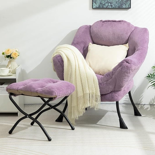HollyHOME Lazy Chair with Foldable Ottoman, Accent Comfy Lounge Armchair and Folding Footrest Stool, Leisure Sofa Reading Chair and Footstool for Living Room, Bedroom, Dorm,Faux Fur Purple
