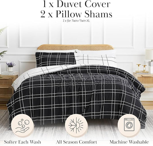 Southshore Fine Living, Inc. Oversized Reversible Checkered California King/King Duvet Cover Set – Hotel Quality, Fade-Resistant Bedding – Includes 1 Duvet Cover and 2 Pillow Shams, Urban Grid Black
