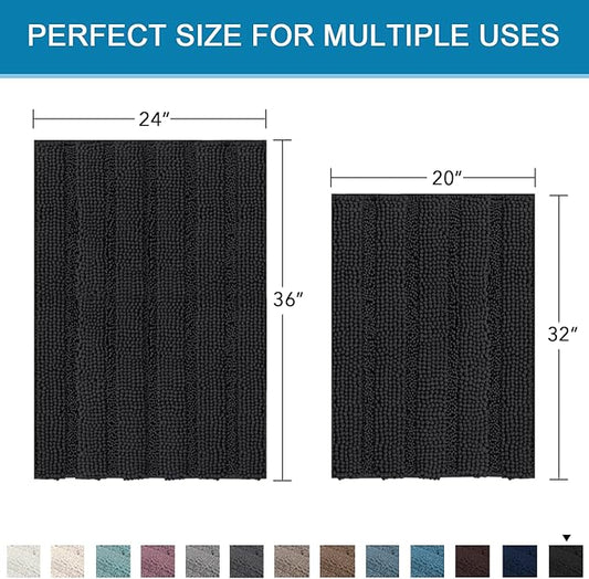 H.VERSAILTEX 2 Piece Bathroom Set - Super Absorbent Chenille Striped Bath Mats - Non Skid Machine Wash Dry Rugs for Bathroom Floor (Black, 24 x 36 Plus 20 x 32 - Inches)