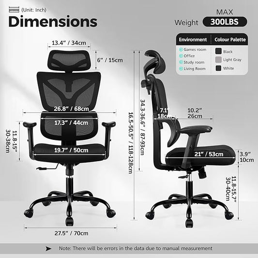 Ergonomic Office Chair High Back Desk Chair with Lumbar Support, Breathable Mesh Computer Chair with Adjustable Armrests Height, Reclining Swivel Big and Tall Gaming Chair for Home Office(Black)