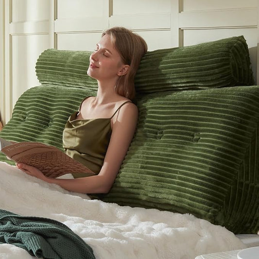 Headboard Wedge Pillow + A Long Neck Roll Pillow Body Pillow,Large Headboard Pillow with Removable Cover (Green, King:76x8x20 inches)
