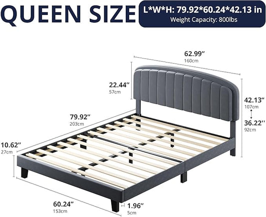 Cozy Castle Queen Bed Frame with Adjustable Vertical Channel Tufted Headboard, Velvet Upholstered Platform Bed with Wood Slats, Mattress Foundation, No Box Spring Needed, Easy Assembly, Gray