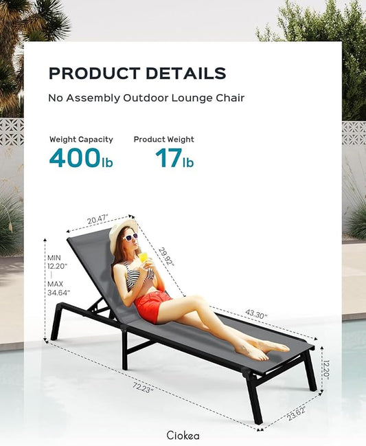 Ciokea Patio Chaise Lounge Chair, Foldable Lounge Chair for Outside, Aluminum Chairs Set of 2 with 5 Adjustable Backrest, Outdoor Pool Lounger for Poolside, Lawn, Deck, Grey