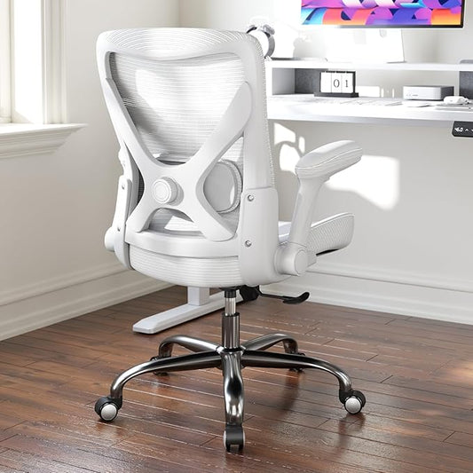 Office Home Ergonomic Desk Chair-Computer X-Shaped Chair Mesh PU Leather with Adjustable Lumbar Support-Executive Chair High Back Flip-Up Arms for Long Hours (White-No Headrest)