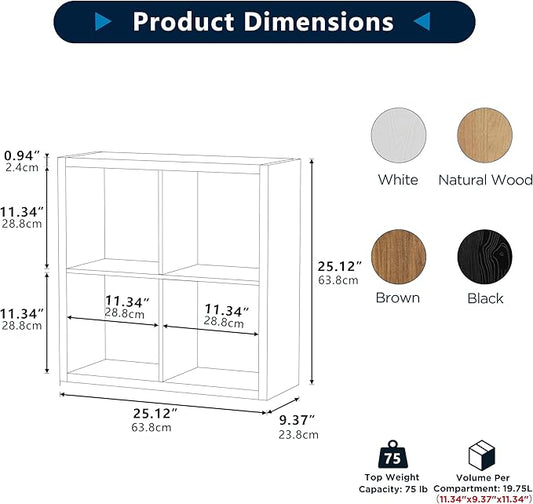 4 Cube Storage Organizer, 2x2 Cube Bookshelf, Cubby Storage Shelf, Wooden Organizer Shelf with Thickened Boards, for Closet Bedroom Home Office Living Room, 25.12" L x 9.37" W x 25.12" H, Natural-Oak