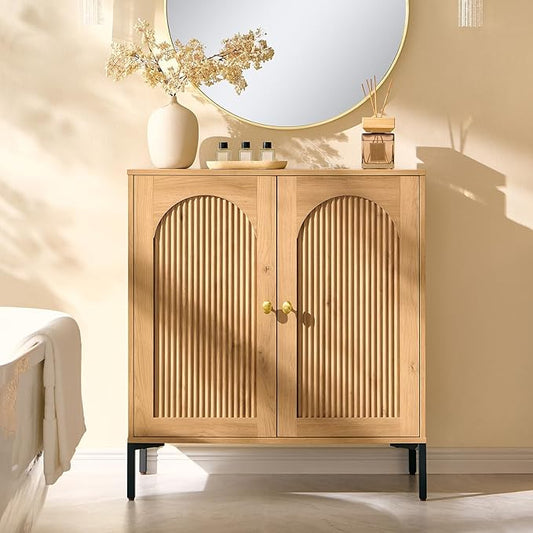 Bathroom Cabinet with Storage, 34" Tall Fluted Arched Free Standing Floor Cabinet w/Adjustable Shelves, Modern Sideboard Cabinet for Bathroom, Kitchen, Living Room, Entryway, Natural