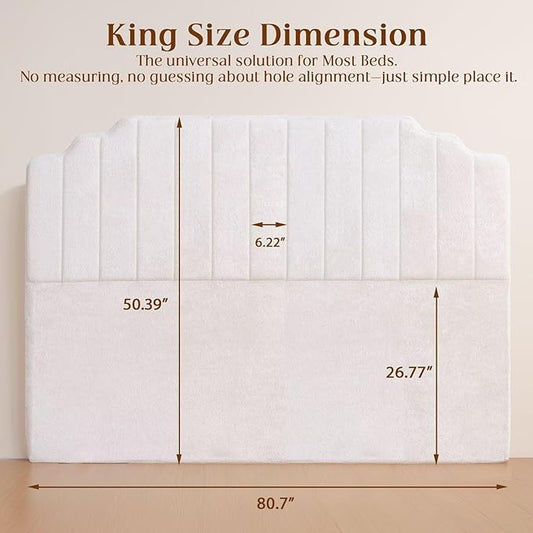 King Headboard Only - Beige Velvet Upholstered Headboard for Bed, No Assembly Required, Pure Sponge Design, Place Between Bed & Wall, Vertical Stripe with Stepped Crown Top Edge