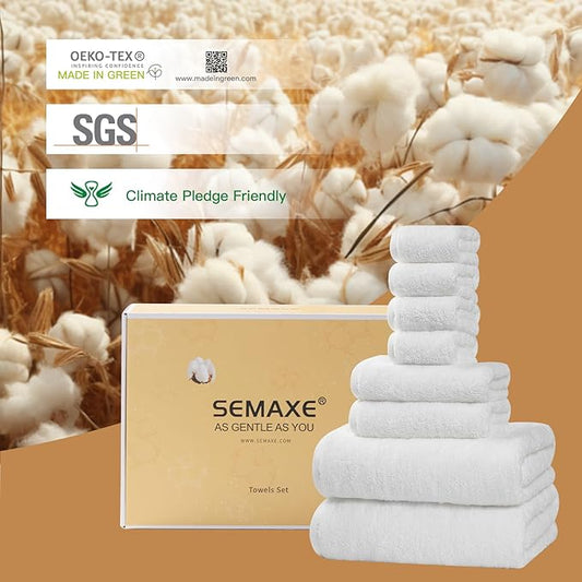 SEMAXE White Bath Towel Set, 100% Cotton Bathroom Towels with Hanging Loops, Luxury 8 Piece Towel Set Include 2 Bath Towels, 2 Hand Towels, 4 Washcloths