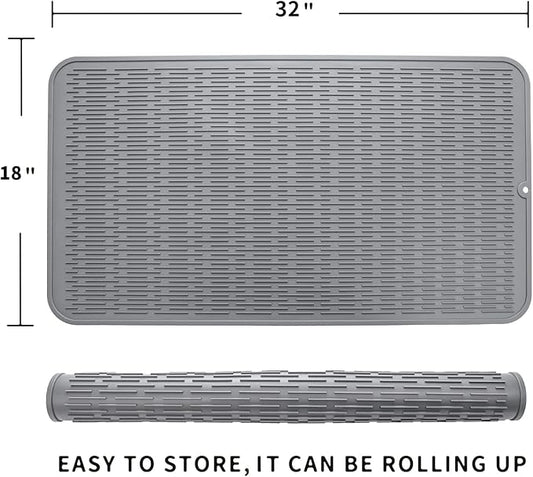 Silicone Dish Drying Mat for Multiple Usage,Easy clean,Eco-friendly,Heat-resistant Silicone Mat for Kitchen Counter or Sink,Refrigerator or Drawer Liner Grey 4XL 32 inches x 18 inches