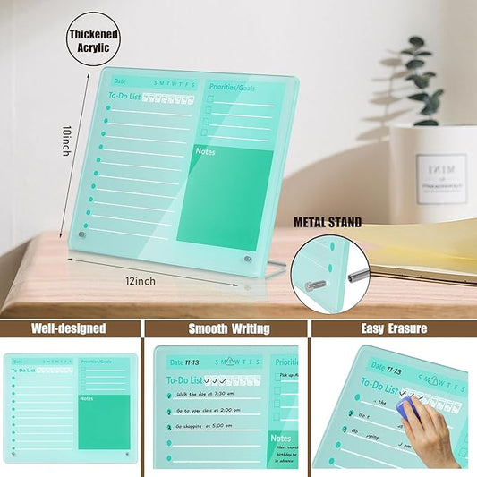 Desktop Thickened Acrylic Dry Erase Board to do List Planner Board,12"x10",Tabletop Whiteboard with Stand,Frameless Green Dry Erase White Board,for Office/Home/School