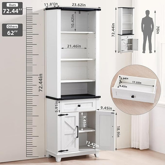 72in Tall Bookshelf 7 Tier Bookcase with Drawer and Barn Doors and Adjustable Shelves, White Farmhouse Book Shelf with Storage Cabinet, Wood Freestanding Display Bookshelves for Living Room
