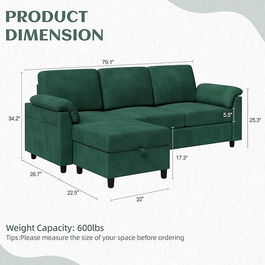 Vongrasig Convertible Sectional Couch, 3 Seat L Shaped Sofa with Removable Pillows Linen Fabric Small Modern Couch Mid Century for Living Room, Apartment and Office, Green