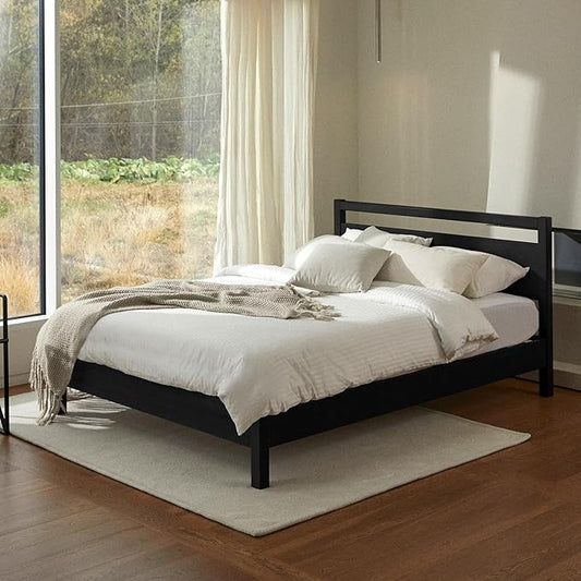 LIFEMENT Signature Wood Platform Bed Frame with Headboard, Essential, Noise Free, Under Bed Storage, No Box Spring Needed, Easy Assembly (Black, Queen (U.S. Standard))