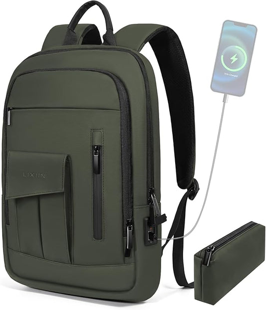 Business Backpack for Men Slim Lightweight Laptop Backpack for 17.3 Inch Computer Water Resistant Small Office Backpack for Commute Travel Daily Office Work with Small Bag (Green)