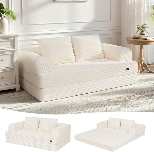 COMAX Convertible Sofa Bed, Folding Floor Couch Corduroy Fold Out Couch Bed Futon Sleeper Mattress with Pillows, Boneless Sofa Comfy Lounge Loveseat for Living Room Bedroom, Plush Beige