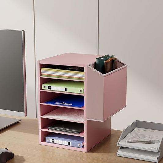 6 Tier Adjustable Countertop Mail Sorter, Mailboxes With Name Slots, Literature Organization Paper Storage Slot, Office Desk File Organizer, Wooden Desktop Mailbox for Classroom(Pink, 6 Slots)