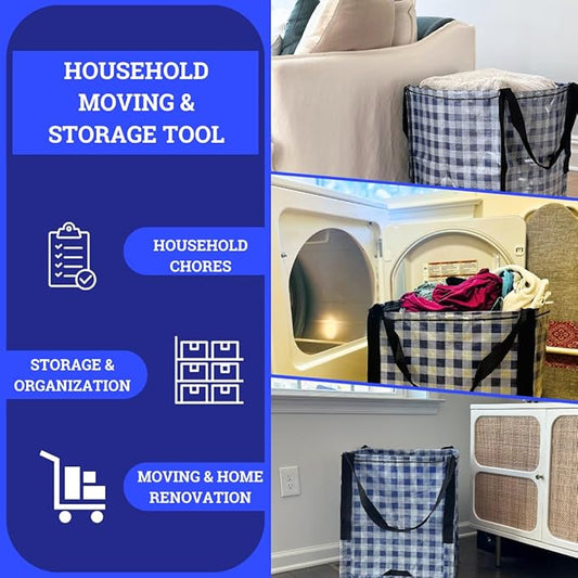 DURASACK Heavy Duty Storage Tote Bag 22-Gallon Rugged Woven Polypropylene Moving Bag, Reusable Self-Standing Design, Holds up to 500 Pounds, Pack of 4, Gingham Blue