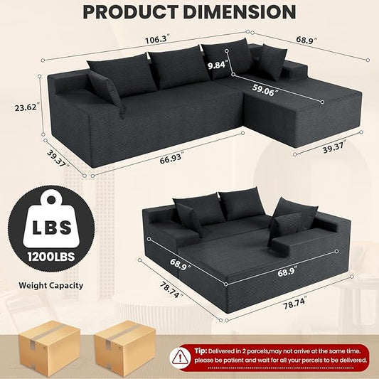 LEVELEVE 107" Cloud Sectional Couch with Deep Seat,Modern Modular Sofa with L-Shape Chaise,No Assembly Required, Upholstered Couches for Living Room Bedroom(Dark Gery,Right Facing Chaise)