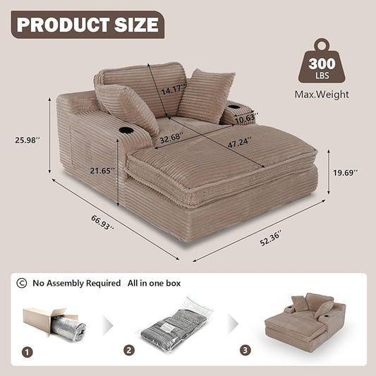 67" Oversized Chaise Lounge Chair Indoor, Soft Boneless Cloud Couch with 3 Pillows, 4 Side Pockets and 2 Cup Holders, Comfy Corduroy Sleeper Couch for Living Room Bedroom, Camel