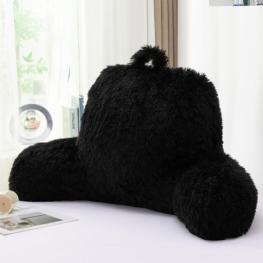 A Nice Night Faux Fur Reading Pillow Bed Wedge for Adult Backrest with Arms Back Support for Sitting Up for Bedrest,Black,Large