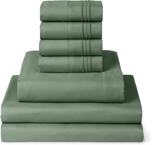 Mellanni Split King Sheet Set - 7-Piece Iconic Collection Bedding, (Including 4 Pillowcases), 16-Inch Deep Pocket, Easy Care, Extra Soft, Cooling Sheets, Brushed Microfiber - Sage