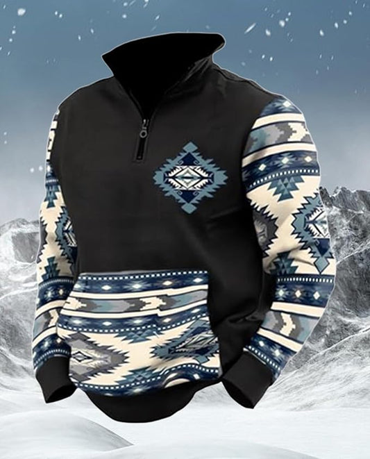Western Sweatshirts for Men Aztec Cowboy Vintage Graphic Fleece Hoodie Mens Quarter Zip Pullover Country Jacket