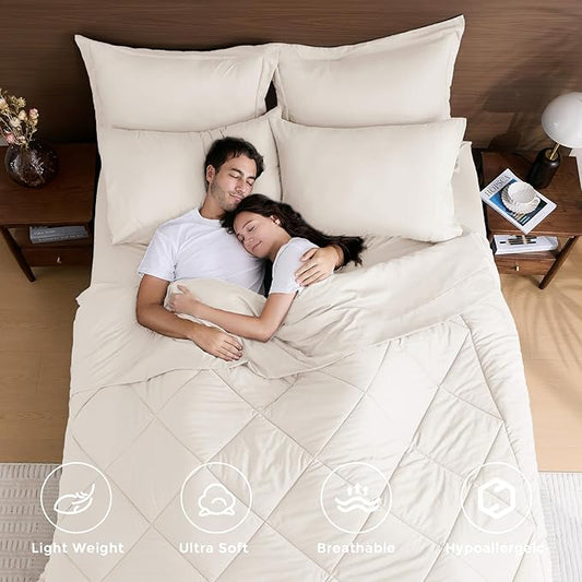 HEVUMYI Ivory Cali-King Comforter Set - 7-Piece All Season Bed in a Bag Cali-King, Ultra Soft Bedding Set with Comforter, Flat Sheet, Fitted Sheet, Pillowcases, Pillow Shams