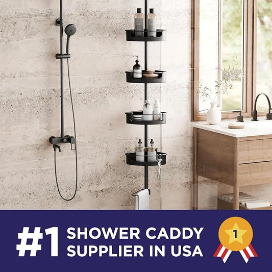 Zenna Home Tension Pole Shower Caddy Corner Organizer - Adjustable Standing Shower Caddy with 4 Baskets, 6 Hooks and Towel Bar, Rustproof Bathroom Tension Rod Organizer, 60 to 108 Inch, Matte Black