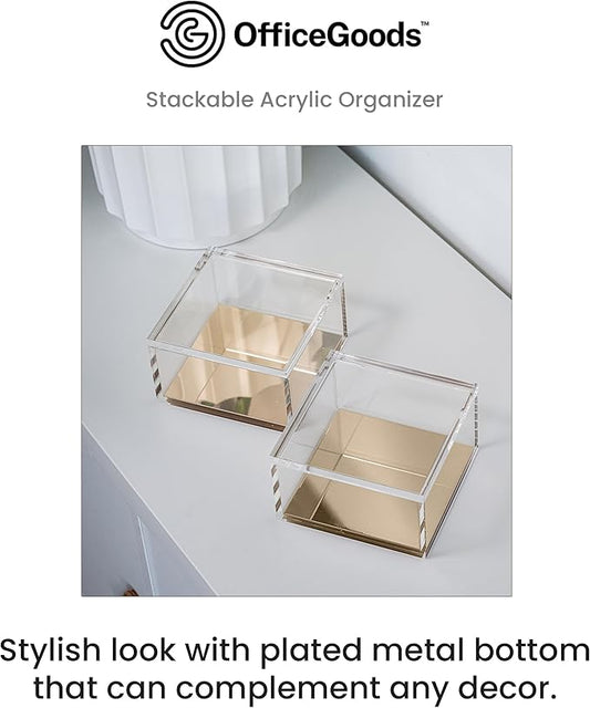 OfficeGoods 3-Tier Stackable Acrylic Holder- Stylish Desk Organizer and Storage for Office or Home – Transparent Square Design with Gold Metal Base