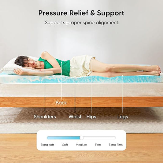 Marsail 2-inch Queen Memory Foam Mattress Topper, Gel Infused Cooling, Pressure Relief, Soft Yet Supportive, Blue, CertiPUR-US Certified