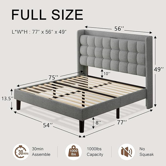 Full Size Bed Frame, Upholstered Platform Bed with Charging Station, Modern Wingback Storage Headboard, Solid Wood Slats Support, No Box Spring Needed, Light Gray