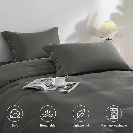JELLYMONI Pillowcases Standard Set of 2 Cotton Button Pillow Covers 20×26in Grey Bed Pillow Cases 100% Washed Cotton Soft Breathable (Pillows are not Included)