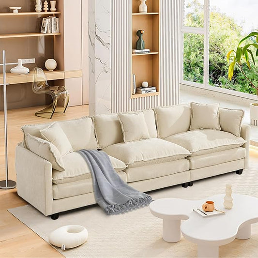 SoarFlash 113.78" Chenille Sectional Sofa, Comfy Modular Loveseat Sofa, Modern 3-Seat Couch Deep Seat Sofa Set for Living Room,Beige