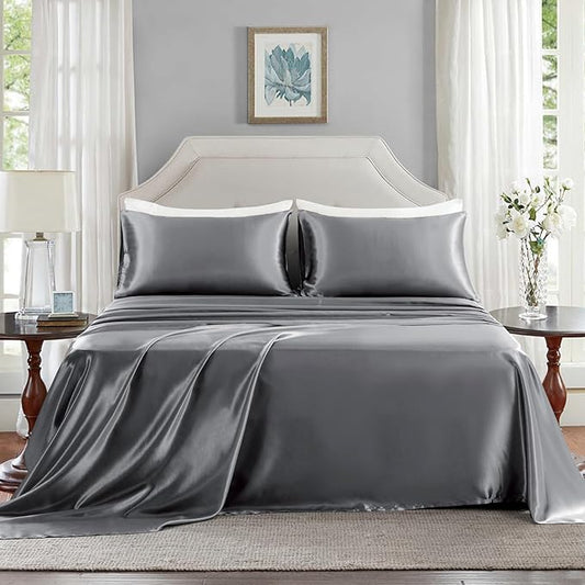 Satin Sheets California King Size - 4 Pieces Luxury Silky Soft Bed Sheets, Wrinkle-Free Dark Grey Satin Silk Sheet Set with 1 Deep Pocket Fitted Sheet, 1 Flat Sheet, 2 Pillow Cases