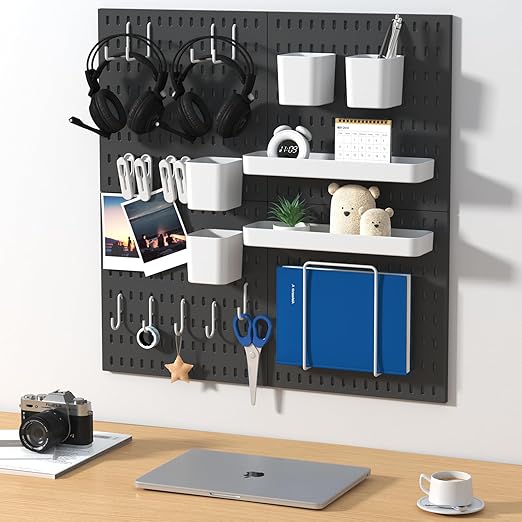 Peg Board Combination Kit, 8 Pegboards with 40 Accessories, Pegboard Wall Organizer for Office, Nursery & Home Storage, Key Holder, 51.2"x25.6" – Nail-Free Installation(Black)