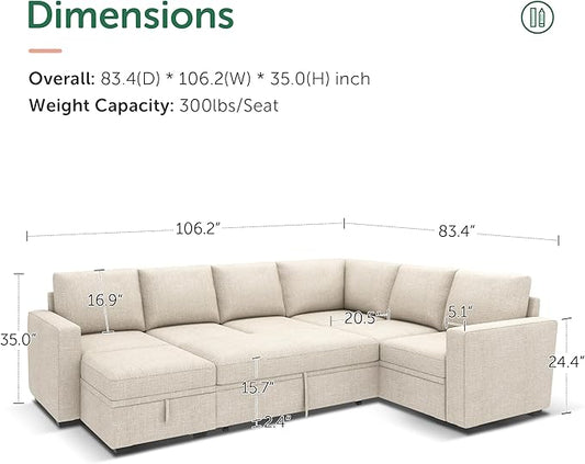 HONBAY Modular Sectional Sleeper Sofa with Pull Out Bed, U Shaped Sectional Couch with Storage Ottoman, Sleeper Sectional Couches for Living Room, Beige