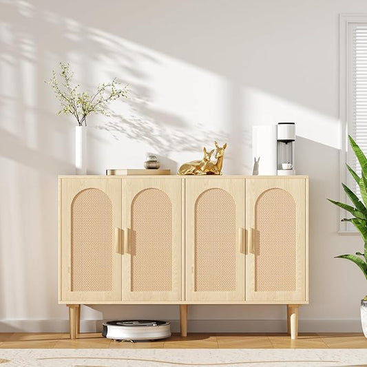 FONTOI Sideboard Cabinet with Rattan Doors, 4 Door Credenza Buffet Cabinet with Storage, Modern Large Kitchen Accent Cabinets for Entryway Living Room & Dining Room, Natural