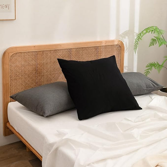 BESTOUCH 100% Washed Cotton Pillowcase for Hair and Skin Linen Feel Soft Comfortable Breathable 2 Set Pillow Case with Envelope Closure Solid Deep Dark Black Euro 26x26 Inches