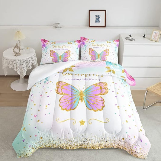 CVHOUSE Butterfly Bedding Set - Twin Butterfly Comforter Set with 1 Comforter and 2 Pillow Cases - 3 Piece