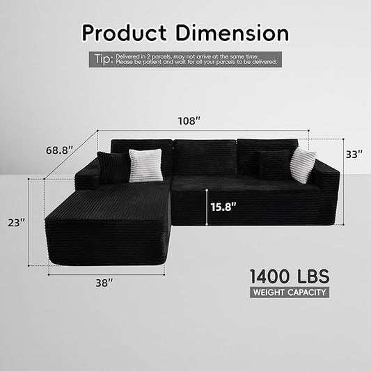 108" Boneless Couches for Living Room, Modular Sectional Sofa with Oversized Chaise, L-Shape Cloud Couch with Deep Seat, High-Density Memory Foam, No Assembly Required, Plush Corduroy Black