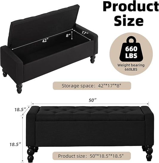 50" W Storage Ottoman Bench with Safety Hinge, Load up to 660 lb Ottoman with Storage, Upholstered Tufted Entryway Bench with Seating for Living Room, Bedroom, Entryway, Black