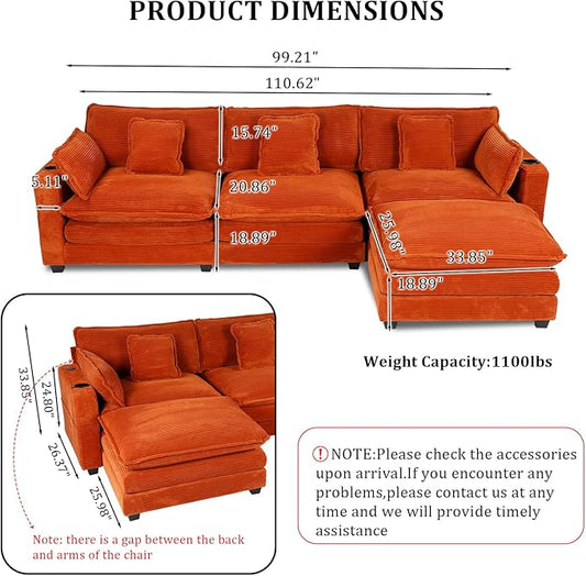 Gexpusm Modular Sectional Sofa,99" Couches for Living Room,Corduroy Sofa with Ottoman & Pillow,Cloud Sectional Couch with Cup Holders & USB,Side Pockets,3-Seat Corduroy Boneless Chair Indoor (Orange)