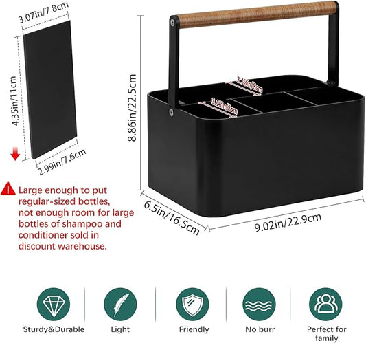 Portable Shower Caddy Dorm: Bathroom Caddy Organizer with Handle and Adjustable Dividers,Plastic Shower Basket for Toiletry,Makeup,Vanity,Shower Storage Tote for College, Cleaning Caddy, Black