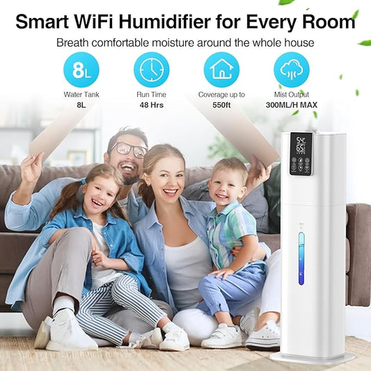 Smart Humidifiers Large Room Bedroom Home,2.11Gal(8L) Quiet Top Fill Cool Mist Humidifier,Smart App & Remote Control, 3 Speed Humidifier with 360°Nozzle,Humidity Setting for Baby Office Plant(White)