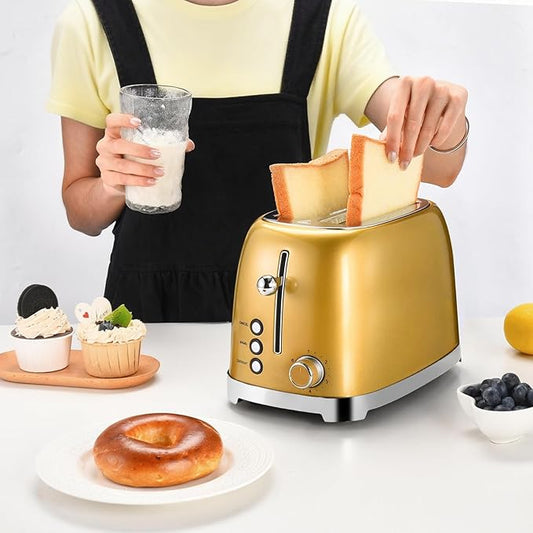 Gold Toaster 2 Slice, Wide Slot Stainless Steel, Mouqat – Best Gift, 6 Shade Settings, Bagel/Cancel/Defrost Functions, Removable Crumb Tray, Different Toast Sizes, Kitchen Essential, Cord Wrap – 825W