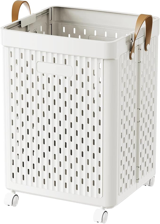 UAK Laundry Basket with Wheels, Collapsible Plastic Laundry Hamper with Handle, Foldable Laundry Basket Organizer for Laundry and Bathroom (Pure white, XXL)