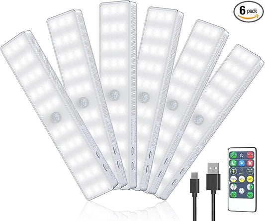 LED Closet Light, 6 Pcs 30LEDs Dimmer Rechargeable Motion Sensor Under Cabinet Lighting, Stick-Anywhere Night Safe Light Bar for Wardrobe,Kitchen