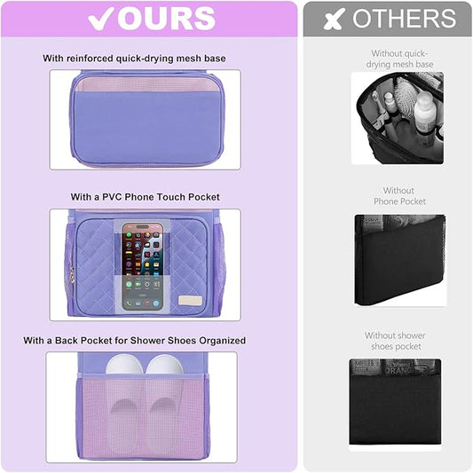 Portable Shower Caddy College, Quickly Dry Tolietry Mesh Tote Bag for Dorm Room Essentials, Hanging Bathroom Organizer Bag for Travel, Gym, Camping (Purple)