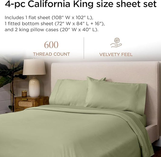 Threadmill 100% Cotton Sheets for Cal King Size Bed - 600 Thread Count Cal King Bed Sheets Set with 16โ Deep Pocket - Sateen Weave 4-Piece Bedding Set with Cooling Effect, Sage Green